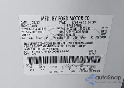 2013 Ford Explorer Limited z USA, uszkodzony, nr VIN 1FM5K7F8XDGB12450